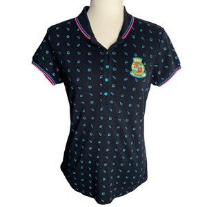 Hot Kiss Short Sleeve Polo Shirt S Black Blue Embroidered Buttons Collared
